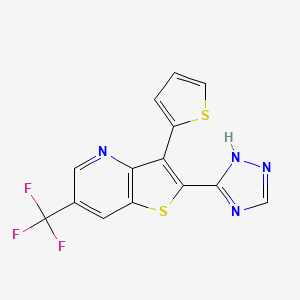 molecular formula C14H7F3N4S2 B2822369 3-thiophen-2-yl-2-(1H-1,2,4-triazol-5-yl)-6-(trifluoromethyl)thieno[3,2-b]pyridine CAS No. 477845-23-1