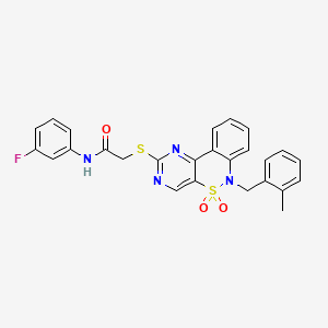 molecular formula C26H21FN4O3S2 B2822504 N-(3-fluorophenyl)-2-({9-[(2-methylphenyl)methyl]-8,8-dioxo-8lambda6-thia-3,5,9-triazatricyclo[8.4.0.0^{2,7}]tetradeca-1(14),2(7),3,5,10,12-hexaen-4-yl}sulfanyl)acetamide CAS No. 895100-48-8