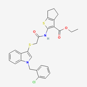 molecular formula C27H25ClN2O3S2 B2822575 ethyl 2-(2-((1-(2-chlorobenzyl)-1H-indol-3-yl)thio)acetamido)-5,6-dihydro-4H-cyclopenta[b]thiophene-3-carboxylate CAS No. 450351-43-6