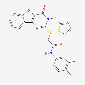 molecular formula C25H21N3O3S2 B2822647 N-(3,4-dimethylphenyl)-2-({6-oxo-5-[(thiophen-2-yl)methyl]-8-oxa-3,5-diazatricyclo[7.4.0.0^{2,7}]trideca-1(9),2(7),3,10,12-pentaen-4-yl}sulfanyl)acetamide CAS No. 899754-64-4