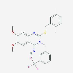 molecular formula C27H26F3N3O2S B2822764 2-[(2,5-dimethylbenzyl)sulfanyl]-6,7-dimethoxy-3-[3-(trifluoromethyl)benzyl]-4(3H)-quinazolinimine CAS No. 691868-85-6