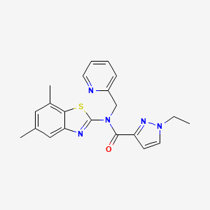 molecular formula C21H21N5OS B2822875 N-(5,7-dimethyl-1,3-benzothiazol-2-yl)-1-ethyl-N-[(pyridin-2-yl)methyl]-1H-pyrazole-3-carboxamide CAS No. 1170524-67-0