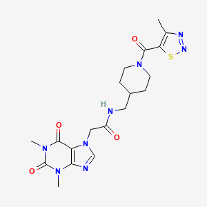 molecular formula C19H24N8O4S B2822898 2-(1,3-dimethyl-2,6-dioxo-2,3-dihydro-1H-purin-7(6H)-yl)-N-((1-(4-methyl-1,2,3-thiadiazole-5-carbonyl)piperidin-4-yl)methyl)acetamide CAS No. 1235107-81-9