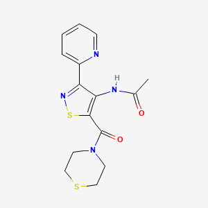 molecular formula C15H16N4O2S2 B2822991 N-[3-(pyridin-2-yl)-5-(thiomorpholine-4-carbonyl)-1,2-thiazol-4-yl]acetamide CAS No. 1251600-80-2