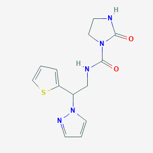molecular formula C13H15N5O2S B2823018 2-oxo-N-[2-(1H-pyrazol-1-yl)-2-(thiophen-2-yl)ethyl]imidazolidine-1-carboxamide CAS No. 2034344-77-7