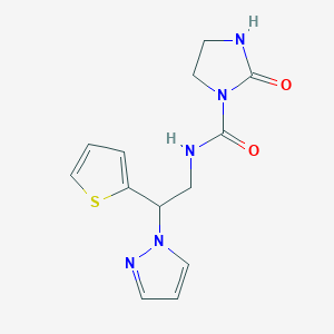 molecular formula C13H15N5O2S B2823018 N-(2-(1H-pyrazol-1-yl)-2-(thiophen-2-yl)ethyl)-2-oxoimidazolidine-1-carboxamide CAS No. 2034344-77-7