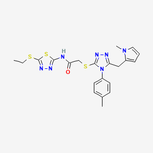 molecular formula C21H23N7OS3 B2823181 N-[5-(ethylsulfanyl)-1,3,4-thiadiazol-2-yl]-2-({5-[(1-methyl-1H-pyrrol-2-yl)methyl]-4-(4-methylphenyl)-4H-1,2,4-triazol-3-yl}sulfanyl)acetamide CAS No. 847392-78-3