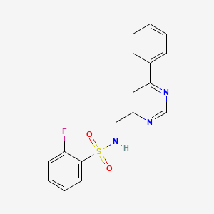 molecular formula C17H14FN3O2S B2823311 2-fluoro-N-[(6-phenylpyrimidin-4-yl)methyl]benzene-1-sulfonamide CAS No. 2176338-51-3