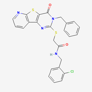 molecular formula C25H19ClN4O2S2 B2823350 2-[(5-benzyl-6-oxo-8-thia-3,5,10-triazatricyclo[7.4.0.02,7]trideca-1(9),2(7),3,10,12-pentaen-4-yl)sulfanyl]-N-[(2-chlorophenyl)methyl]acetamide CAS No. 1223838-88-7
