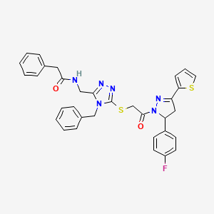 molecular formula C33H29FN6O2S2 B2823393 N-{[4-benzyl-5-({2-[5-(4-fluorophenyl)-3-(thiophen-2-yl)-4,5-dihydro-1H-pyrazol-1-yl]-2-oxoethyl}sulfanyl)-4H-1,2,4-triazol-3-yl]methyl}-2-phenylacetamide CAS No. 362510-02-9