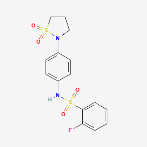 molecular formula C15H15FN2O4S2 B2823422 N-[4-(1,1-dioxo-1lambda6,2-thiazolidin-2-yl)phenyl]-2-fluorobenzene-1-sulfonamide CAS No. 941885-66-1