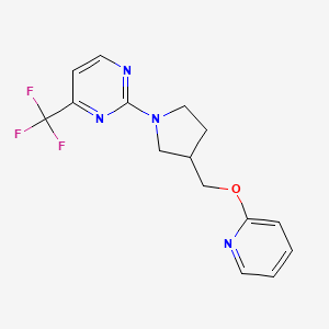 molecular formula C15H15F3N4O B2823449 2-[3-(Pyridin-2-yloxymethyl)pyrrolidin-1-yl]-4-(trifluoromethyl)pyrimidine CAS No. 2415509-36-1