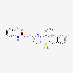 molecular formula C25H18F2N4O3S2 B2823644 N-(2-fluorophenyl)-2-({9-[(4-fluorophenyl)methyl]-8,8-dioxo-8lambda6-thia-3,5,9-triazatricyclo[8.4.0.0^{2,7}]tetradeca-1(14),2(7),3,5,10,12-hexaen-4-yl}sulfanyl)acetamide CAS No. 895097-86-6