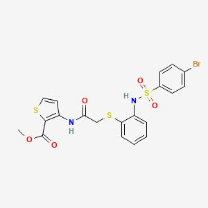 molecular formula C20H17BrN2O5S3 B2824034 Methyl 3-({2-[(2-{[(4-bromophenyl)sulfonyl]amino}phenyl)sulfanyl]acetyl}amino)-2-thiophenecarboxylate CAS No. 477887-55-1