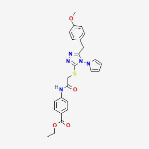 molecular formula C25H25N5O4S B2824357 ethyl 4-[({[5-(4-methoxybenzyl)-4-(1H-pyrrol-1-yl)-4H-1,2,4-triazol-3-yl]sulfanyl}acetyl)amino]benzoate CAS No. 896307-01-0