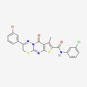 molecular formula C22H14BrClN4O2S2 B2824391 12-(3-bromophenyl)-N-(3-chlorophenyl)-4-methyl-2-oxo-6,10-dithia-1,8,13-triazatricyclo[7.4.0.03,7]trideca-3(7),4,8,12-tetraene-5-carboxamide CAS No. 866842-55-9