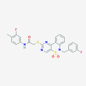 molecular formula C26H20F2N4O3S2 B2824613 N-(3-fluoro-4-methylphenyl)-2-({9-[(3-fluorophenyl)methyl]-8,8-dioxo-8lambda6-thia-3,5,9-triazatricyclo[8.4.0.0^{2,7}]tetradeca-1(14),2(7),3,5,10,12-hexaen-4-yl}sulfanyl)acetamide CAS No. 895099-52-2