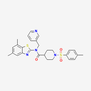 molecular formula C28H30N4O3S2 B2824757 N-(5,7-dimethylbenzo[d]thiazol-2-yl)-N-(pyridin-3-ylmethyl)-1-tosylpiperidine-4-carboxamide CAS No. 923444-92-2