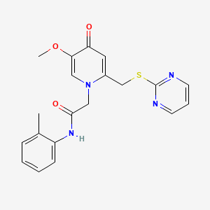 molecular formula C20H20N4O3S B2824772 2-(5-methoxy-4-oxo-2-((pyrimidin-2-ylthio)methyl)pyridin-1(4H)-yl)-N-(o-tolyl)acetamide CAS No. 1005292-16-9
