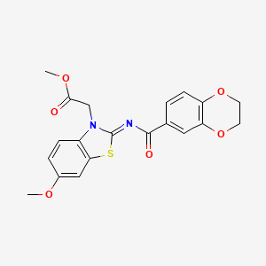 molecular formula C20H18N2O6S B2824909 methyl 2-[(2Z)-2-[(2,3-dihydro-1,4-benzodioxine-6-carbonyl)imino]-6-methoxy-2,3-dihydro-1,3-benzothiazol-3-yl]acetate CAS No. 865200-03-9
