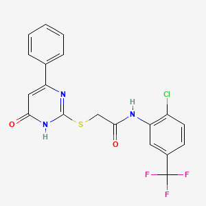 molecular formula C19H13ClF3N3O2S B2825033 N-(2-chloro-5-(trifluoromethyl)phenyl)-2-((6-oxo-4-phenyl-1,6-dihydropyrimidin-2-yl)thio)acetamide CAS No. 602290-56-2