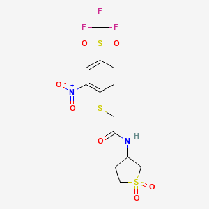 molecular formula C13H13F3N2O7S3 B2825066 N-(1,1-dioxo-1lambda6-thiolan-3-yl)-2-[(2-nitro-4-trifluoromethanesulfonylphenyl)sulfanyl]acetamide CAS No. 459791-75-4