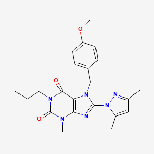 molecular formula C22H26N6O3 B2825340 8-(3,5-dimethyl-1H-pyrazol-1-yl)-7-(4-methoxybenzyl)-3-methyl-1-propyl-1H-purine-2,6(3H,7H)-dione CAS No. 1170474-35-7