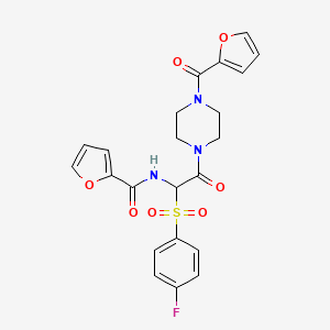 molecular formula C22H20FN3O7S B2825353 N-[1-(4-FLUOROBENZENESULFONYL)-2-[4-(FURAN-2-CARBONYL)PIPERAZIN-1-YL]-2-OXOETHYL]FURAN-2-CARBOXAMIDE CAS No. 1025383-48-5