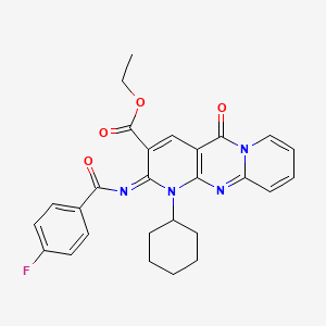 molecular formula C27H25FN4O4 B2825423 ethyl 7-cyclohexyl-6-(4-fluorobenzoyl)imino-2-oxo-1,7,9-triazatricyclo[8.4.0.03,8]tetradeca-3(8),4,9,11,13-pentaene-5-carboxylate CAS No. 443097-11-8