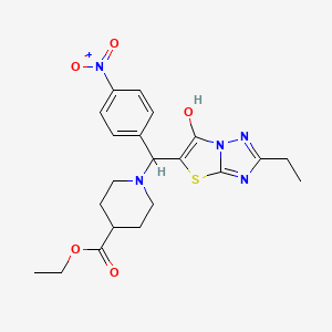 molecular formula C21H25N5O5S B2825541 Ethyl 1-((2-ethyl-6-hydroxythiazolo[3,2-b][1,2,4]triazol-5-yl)(4-nitrophenyl)methyl)piperidine-4-carboxylate CAS No. 898344-84-8