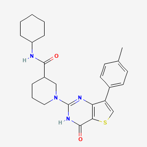 molecular formula C25H30N4O2S B2825556 N-cyclohexyl-1-(4-oxo-7-(p-tolyl)-3,4-dihydrothieno[3,2-d]pyrimidin-2-yl)piperidine-3-carboxamide CAS No. 1243063-11-7