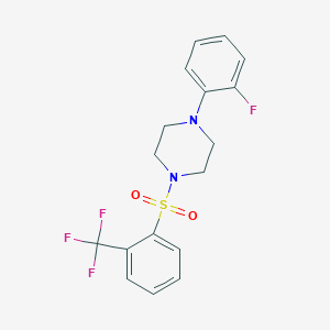 molecular formula C17H16F4N2O2S B2825846 4-(2-Fluorophenyl)-1-((2-(trifluoromethyl)phenyl)sulfonyl)piperazine CAS No. 1024234-52-3