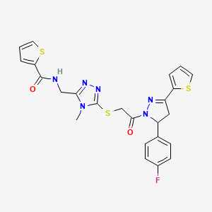 molecular formula C24H21FN6O2S3 B2826016 N-{[5-({2-[5-(4-fluorophenyl)-3-(thiophen-2-yl)-4,5-dihydro-1H-pyrazol-1-yl]-2-oxoethyl}sulfanyl)-4-methyl-4H-1,2,4-triazol-3-yl]methyl}thiophene-2-carboxamide CAS No. 362509-27-1