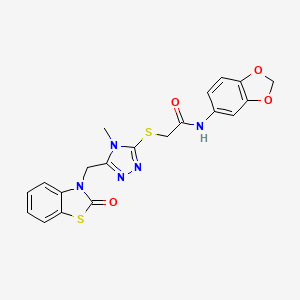 molecular formula C20H17N5O4S2 B2826205 N-(2H-1,3-benzodioxol-5-yl)-2-({4-methyl-5-[(2-oxo-2,3-dihydro-1,3-benzothiazol-3-yl)methyl]-4H-1,2,4-triazol-3-yl}sulfanyl)acetamide CAS No. 847400-46-8