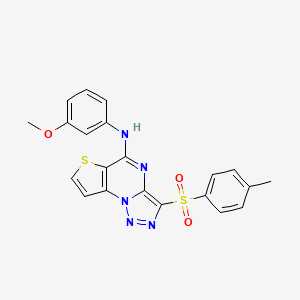 molecular formula C21H17N5O3S2 B2826501 N-(3-methoxyphenyl)-10-(4-methylbenzenesulfonyl)-5-thia-1,8,11,12-tetraazatricyclo[7.3.0.0^{2,6}]dodeca-2(6),3,7,9,11-pentaen-7-amine CAS No. 892733-54-9