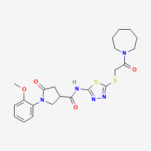 molecular formula C22H27N5O4S2 B2826516 N-(5-((2-(azepan-1-yl)-2-oxoethyl)thio)-1,3,4-thiadiazol-2-yl)-1-(2-methoxyphenyl)-5-oxopyrrolidine-3-carboxamide CAS No. 872595-19-2