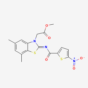 molecular formula C17H15N3O5S2 B2826558 Methyl 2-[5,7-dimethyl-2-(5-nitrothiophene-2-carbonyl)imino-1,3-benzothiazol-3-yl]acetate CAS No. 1322227-65-5