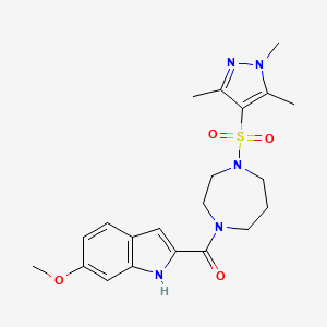 molecular formula C21H27N5O4S B2826581 (6-methoxy-1H-indol-2-yl)(4-((1,3,5-trimethyl-1H-pyrazol-4-yl)sulfonyl)-1,4-diazepan-1-yl)methanone CAS No. 1904165-53-2