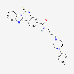 molecular formula C28H27FN6OS B2827284 N-{3-[4-(4-fluorophenyl)piperazin-1-yl]propyl}-9-sulfanylidene-8,10,17-triazatetracyclo[8.7.0.0^{2,7}.0^{11,16}]heptadeca-1(17),2,4,6,11(16),12,14-heptaene-5-carboxamide CAS No. 688792-60-1