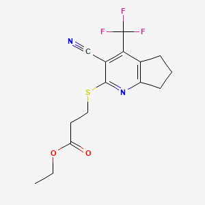 molecular formula C15H15F3N2O2S B2827312 ethyl 3-{[3-cyano-4-(trifluoromethyl)-5H,6H,7H-cyclopenta[b]pyridin-2-yl]sulfanyl}propanoate CAS No. 626227-09-6