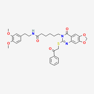 molecular formula C33H35N3O7S B2827523 N-[2-(3,4-dimethoxyphenyl)ethyl]-6-{8-oxo-6-[(2-oxo-2-phenylethyl)sulfanyl]-2H,7H,8H-[1,3]dioxolo[4,5-g]quinazolin-7-yl}hexanamide CAS No. 688061-44-1