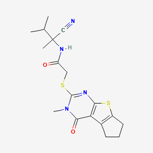 molecular formula C18H22N4O2S2 B2827526 N-(1-cyano-1,2-dimethylpropyl)-2-({11-methyl-12-oxo-7-thia-9,11-diazatricyclo[6.4.0.0^{2,6}]dodeca-1(8),2(6),9-trien-10-yl}sulfanyl)acetamide CAS No. 1008464-58-1