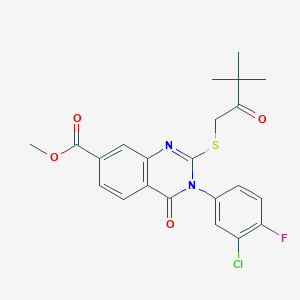 molecular formula C22H20ClFN2O4S B2827530 Methyl 3-(3-chloro-4-fluorophenyl)-2-((3,3-dimethyl-2-oxobutyl)thio)-4-oxo-3,4-dihydroquinazoline-7-carboxylate CAS No. 443347-65-7