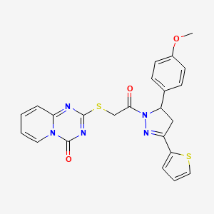 molecular formula C23H19N5O3S2 B2827547 2-((2-(5-(4-methoxyphenyl)-3-(thiophen-2-yl)-4,5-dihydro-1H-pyrazol-1-yl)-2-oxoethyl)thio)-4H-pyrido[1,2-a][1,3,5]triazin-4-one CAS No. 896329-93-4