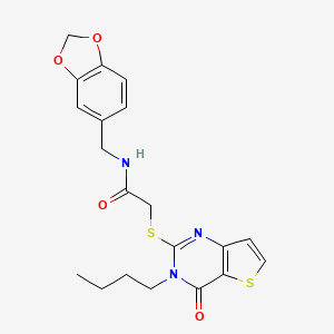 molecular formula C20H21N3O4S2 B2827756 N-(1,3-benzodioxol-5-ylmethyl)-2-[(3-butyl-4-oxo-3,4-dihydrothieno[3,2-d]pyrimidin-2-yl)sulfanyl]acetamide CAS No. 1252843-42-7