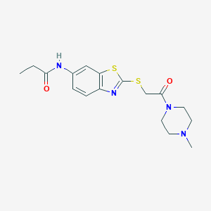 molecular formula C17H22N4O2S2 B282799 N-(2-{[2-(4-methyl-1-piperazinyl)-2-oxoethyl]sulfanyl}-1,3-benzothiazol-6-yl)propanamide 