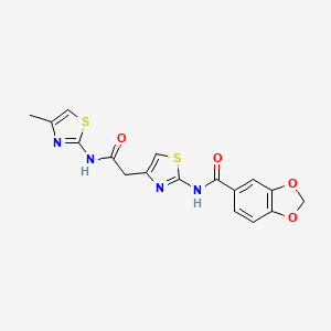 molecular formula C17H14N4O4S2 B2828135 N-(4-(2-((4-methylthiazol-2-yl)amino)-2-oxoethyl)thiazol-2-yl)benzo[d][1,3]dioxole-5-carboxamide CAS No. 921561-01-5