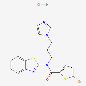 molecular formula C18H16BrClN4OS2 B2828143 N-(1,3-benzothiazol-2-yl)-5-bromo-N-[3-(1H-imidazol-1-yl)propyl]thiophene-2-carboxamide hydrochloride CAS No. 1215316-54-3