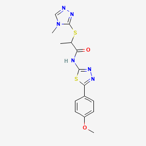 molecular formula C15H16N6O2S2 B2828244 N-(5-(4-methoxyphenyl)-1,3,4-thiadiazol-2-yl)-2-((4-methyl-4H-1,2,4-triazol-3-yl)thio)propanamide CAS No. 394235-64-4
