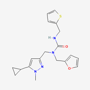 molecular formula C19H22N4O2S B2828316 1-((5-cyclopropyl-1-methyl-1H-pyrazol-3-yl)methyl)-1-(furan-2-ylmethyl)-3-(thiophen-2-ylmethyl)urea CAS No. 1795303-39-7